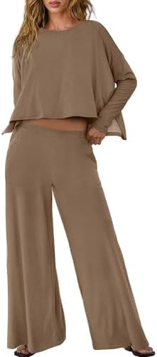 Panadila Womens Oversized Lounge Sets 2 Piece Matching Pajama Sets Long Sleeve Crop Top and Wide ... | Amazon (US)