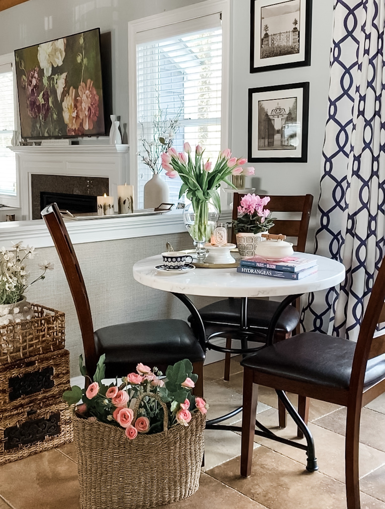 Kitchen nook with bistro marble table from Wayfair, Minka vase, Diptyque candle, Cosmo florals, tall vase, fragrant candle, baskets, trinket dish, curtain panels, Paris book, Hydrangeas book, stems. Home decor accessories, interior styling. Classic, modern traditional, transitional home style. Target, Walmart. 


#LTKunder50 #LTKhome #LTKstyletip