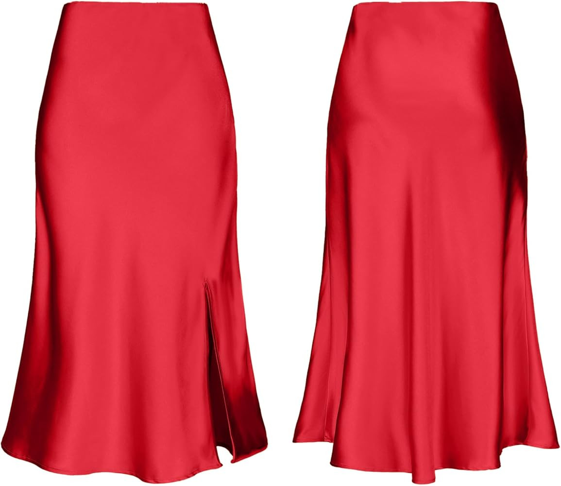 Mist Azur Women Silky Satin Side Split Skirt High Waist Elastic Elegant A Line Midi Skirts for Wo... | Amazon (US)