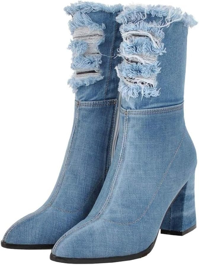 MAVMAX Denim Ankle Boots for Women Pointed Toe Chunky High Heel Jeans Denim Blue Short Mid Calf B... | Amazon (US)