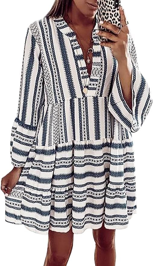 Happy Sailed Womens Long Sleeve V Neck Tunic Dress Leopard Print Swing Party Midi Dress | Amazon (US)