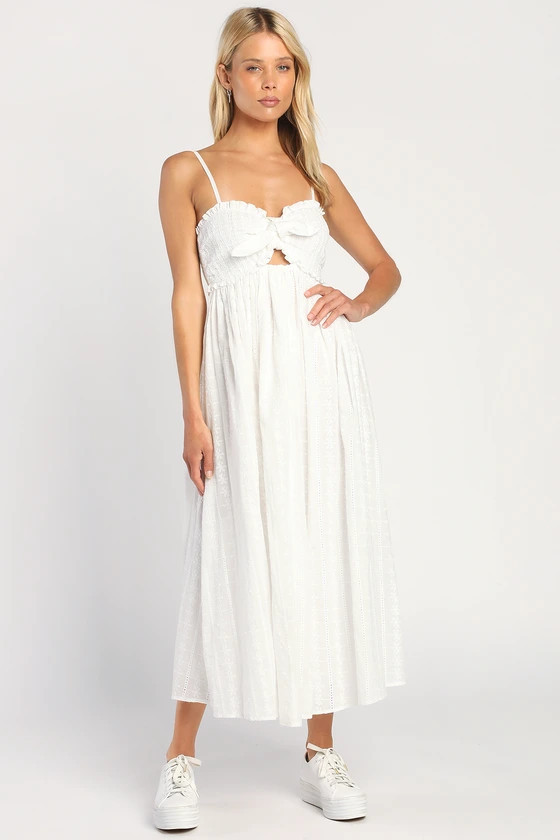 White Smocked Tie-Front Midi Dress | White Sneakers With Dress White Sneaker Outfit Sneakers Womens | Lulus (US)