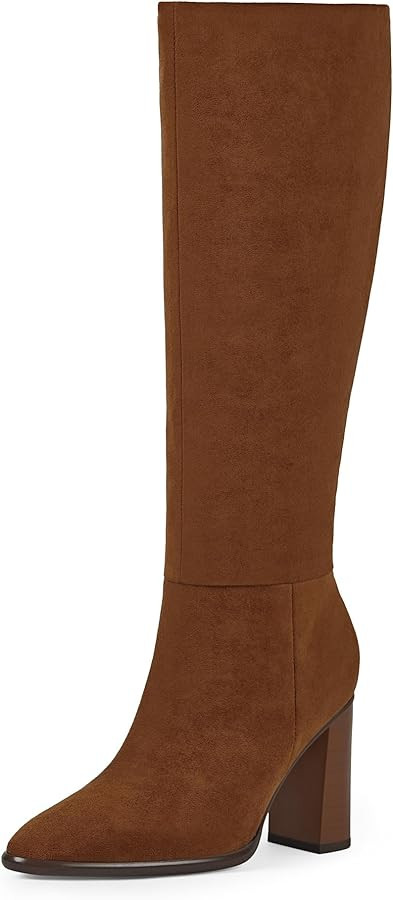 Knee High Boots Women Pointed Toe Chunky Heel Fall Tall Boots Side Zipper Faux Leather Long Boots... | Amazon (US)
