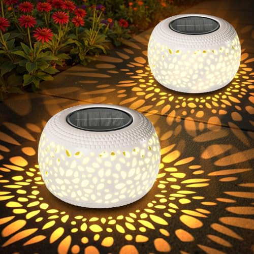 BONLION Solar Lanterns Outdoor Waterproof Lights: 2Pack White Hollow Out Metal Table Light, Outside Garden Yard Balcony Indoor Tabletop Lighting Decorations, Unique Gardening Gifts for Women Mom | Amazon (US)