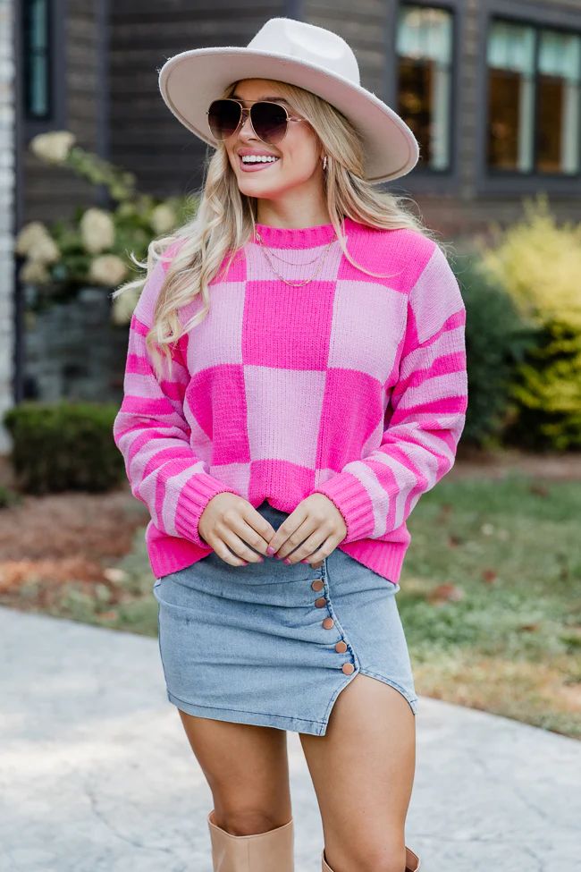 Take Responsibility Pink Chenille Checkered And Striped Sweater DOORBUSTER | Pink Lily