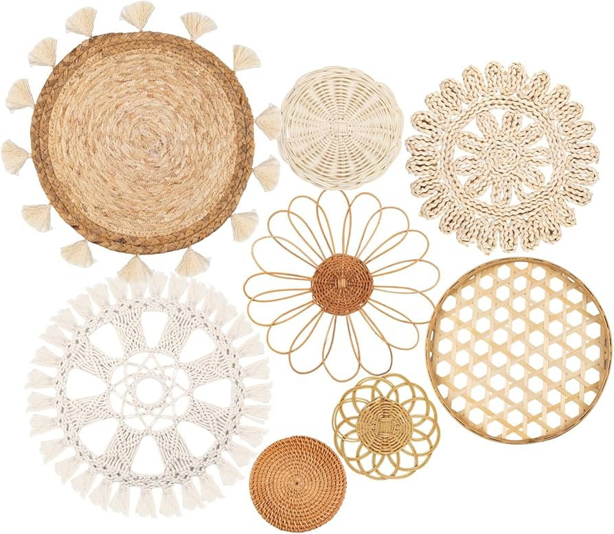 Boho Wall Basket Decor Set of 8 - Flat Woven Basket Wall Hanging Decor,Round Tassels White Macram... | Amazon (US)