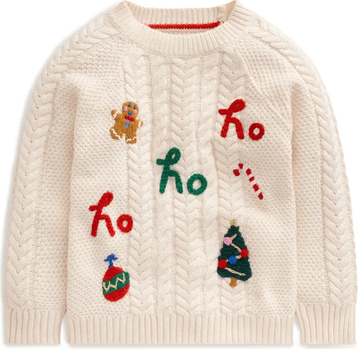 Mini Boden Kids' Festive Appliqué Cable Knit Cotton & Wool Blend Sweater | Nordstrom | Nordstrom