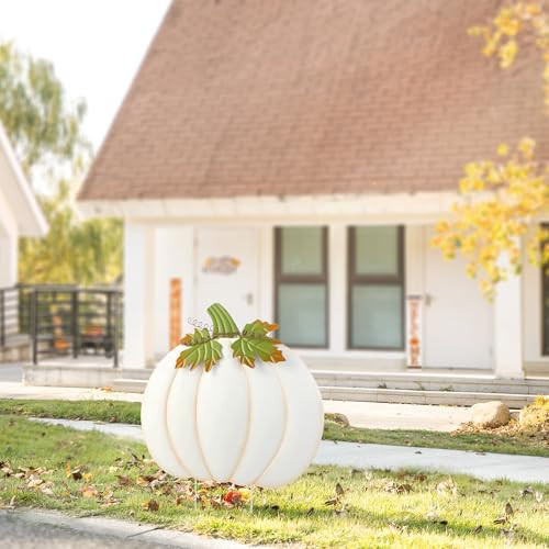 Glitzhome Oversized Ivory Pumpkin Yard Stake,39.5"H Metal Fall Pumpkins Garden Stake, Garden Standing Stakes or Hanging Pumpkin Signs for Autumn Harvest Thanksgiving Halloween Fall Outdoor Decorations | Amazon (US)