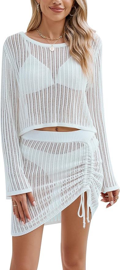 BMJL Women 2 Piece Swimsuit Coverup Crochet Hollow Out Bathing Suit Cover Up Beach Crop Top Draws... | Amazon (US)