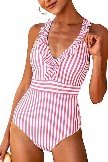 CUPSHE Women's V Neck One Piece Swimsuit Ruffled Back Cross Swimwear | Amazon (US)