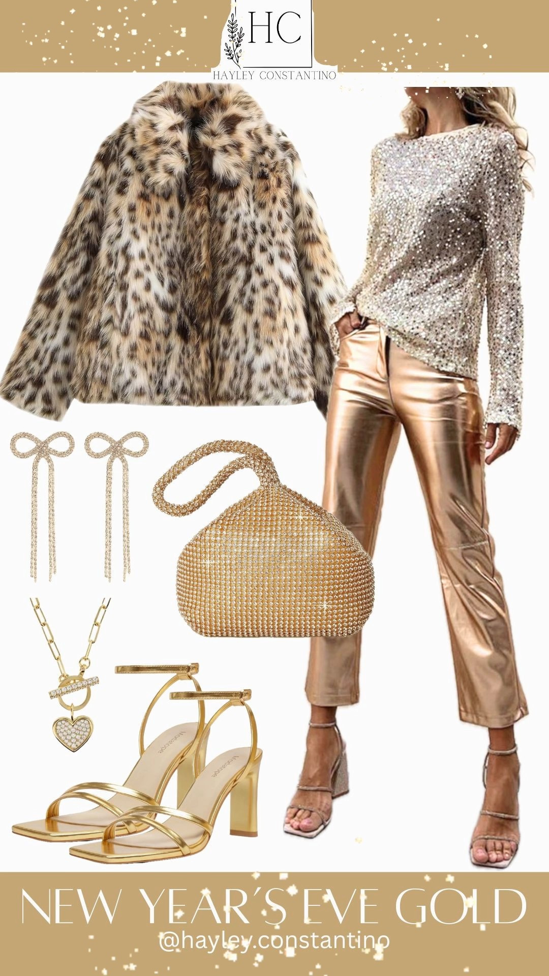 This New Year’s Eve look is basically saying, “I didn’t come to sparkle…I came to strike gold.” ✨ ✨ From the luxe faux-fur leopard coat that screams VIP entrance only, to the dazzling sequin top and molten-gold pants that catch every light in the room, this outfit is a walking fireworks show. Add in the sparkly bow earrings, glam gold heels, and that glittering gold bag, and you’re officially the most unforgettable moment of the night… even more than the midnight kiss. 😉
Where to wear it?
✨ A glamorous NYE party where the champagne never stops flowing
✨ A chic rooftop countdown with city lights and confetti everywhere
✨ A fancy dinner party where the dress code is “drama, sparkle, and extra”
✨ A girls’ night out when you fully intend to be the best-dressed in every photo
Bold, boujee, sparkly, and fierce—this outfit doesn’t just ring in the New Year…it owns it. 💫

