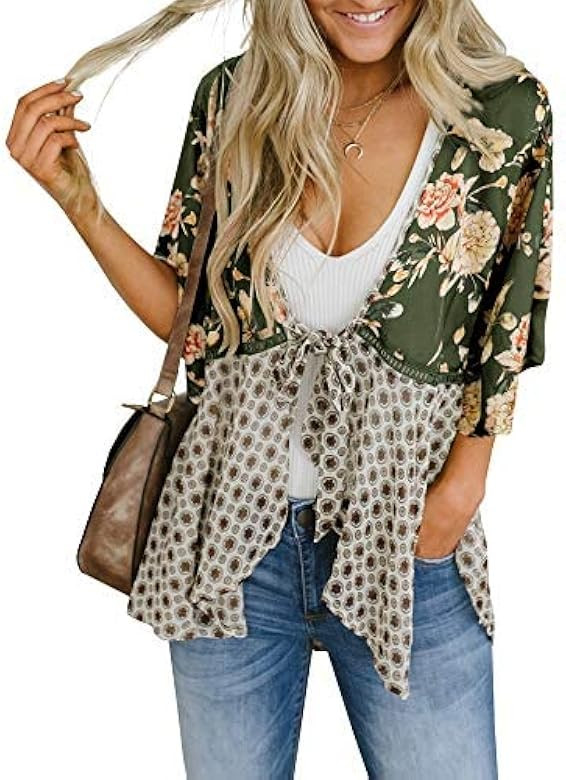 Women Floral Kimono Cardigans 3/4 Ruffle Sleeve Lightweight Patchwork Flowy Boho Tie Loose Cover Ups | Amazon (US)