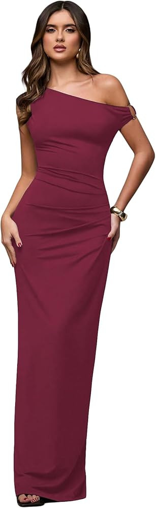 Verdusa Women's Off The Shoulder Wedding Guest Dress Asymmetrical Ruched Sleeveless Maxi Dresses | Amazon (US)