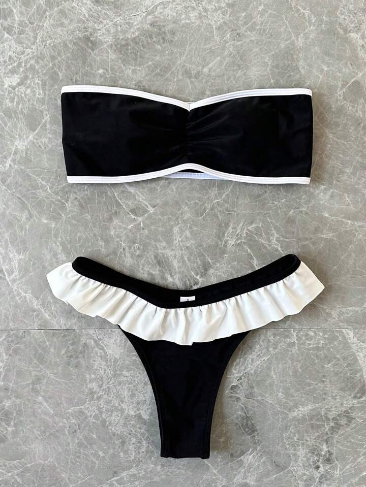Strapless Ruffle Lady Bikini In Solid Black/White | SHEIN