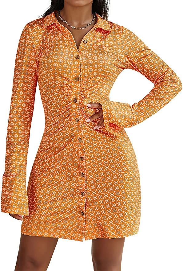 FANTOYE Women's Floral Print Button Down Dress V Neck Casual Long Sleeve Ruched Mini Short Dress | Amazon (US)
