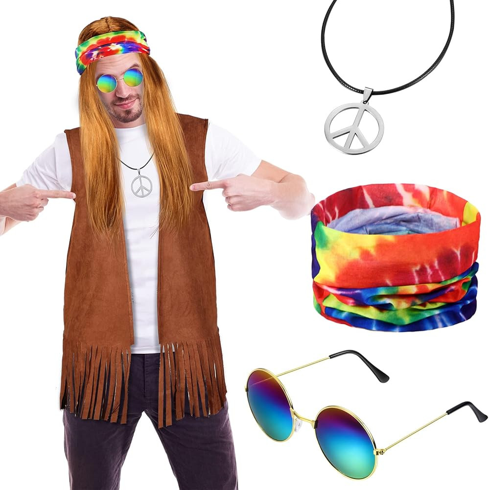 Halloween Men's Hippie Costume Vest Set Fringe Vest Costume Accessory Suede Fabric Male Hippie Vest  | Amazon (US)
