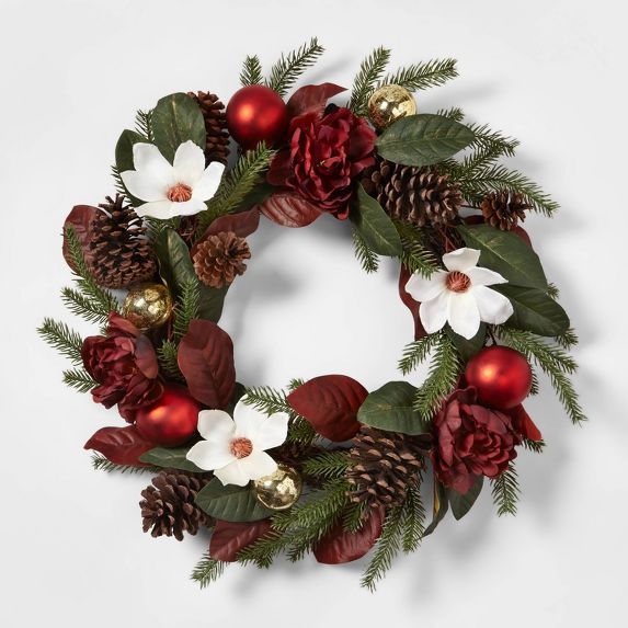 28&#34; Pine &#38; Floral Artificial Wreath with Bauble Ornaments - Wondershop&#8482; | Target