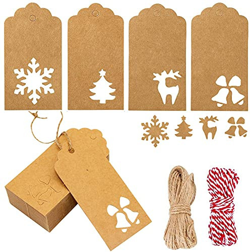 120PCS Christmas Gift Tags Brown Kraft Paper Gift Tags Snowflake Reindeer Xmas Hanging Labels Tags with 32.8 Feet Jute Twine String for Christmas Holiday Present Wrap | Amazon (US)
