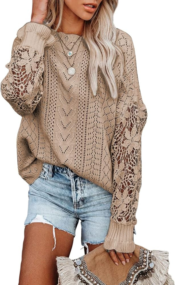 Dokotoo Womens Crewneck Crochet Lace Long Sleeve Hollow Out Cable Knit Sweaters Pullover Tops | Amazon (US)