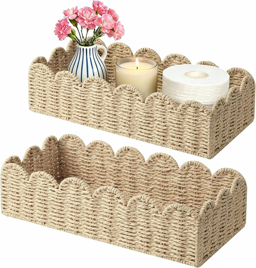 2 Pack Scalloped Wicker Shelf Baskets\uff0cHandwoven Paper Rope Basket Organizer for Toilet Tank ... | Amazon (US)
