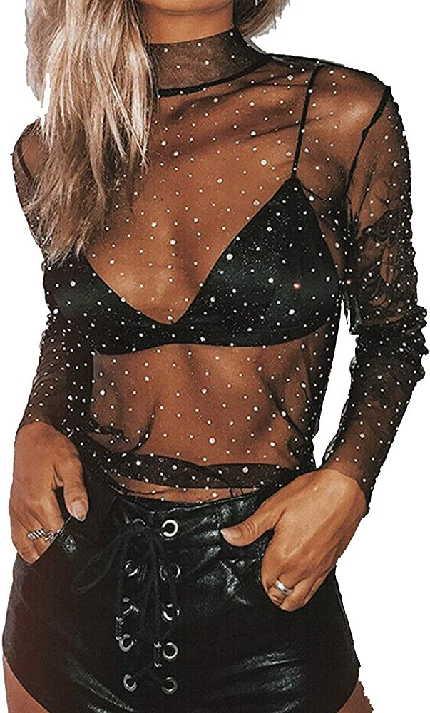 Women's Sexy See Through Shirts Mesh Sheer Glitter Sequin Tops Long Sleeve Turtleneck Neck Sheer ... | Amazon (US)