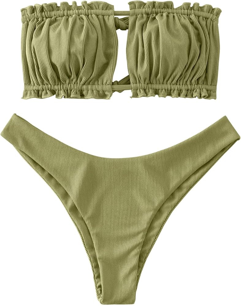 ZAFUL Women 2 Piece Strapless Bikini Swimsuits Ruffle Ribbed Self Tie Bandeau Bikini Set High Cut... | Amazon (US)