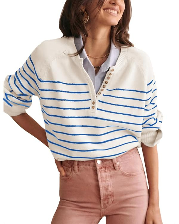 Hongsui Women's Color Block Striped Sweaters Button Up Crewneck Pullover Ribbed Knit Sweater Tops | Amazon (US)