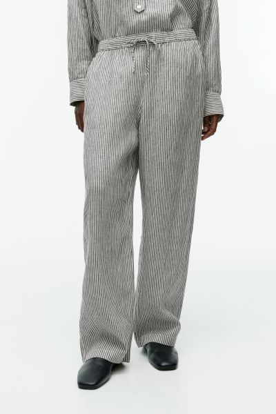 Linen Drawstring Trousers - Regular waist - Long - Off White/Black - Ladies | H&M GB | H&M (UK, MY, IN, SG, PH, TW, HK)