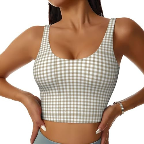 Fuzquwu Beige Gingham (1) Pattern Sports Bras for Women Sport Vest Padded Seamless Support Bra | Amazon (US)