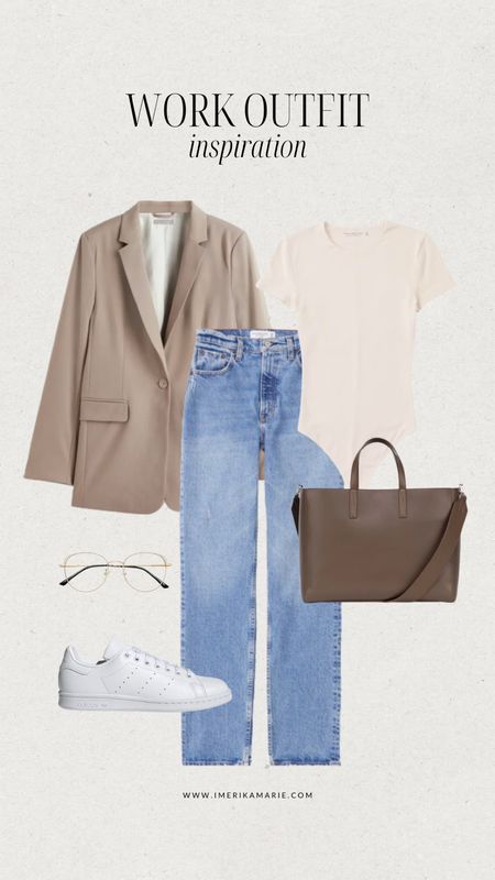 work outfit. workwear. office outfit. business casual. jeans. blazer. work bag. tote bag. work shoes. sneakers. blue light glasses. abercrombie and fitch jeans. sam edelman ethyl sneaker

#LTKunder100 #LTKstyletip #LTKworkwear