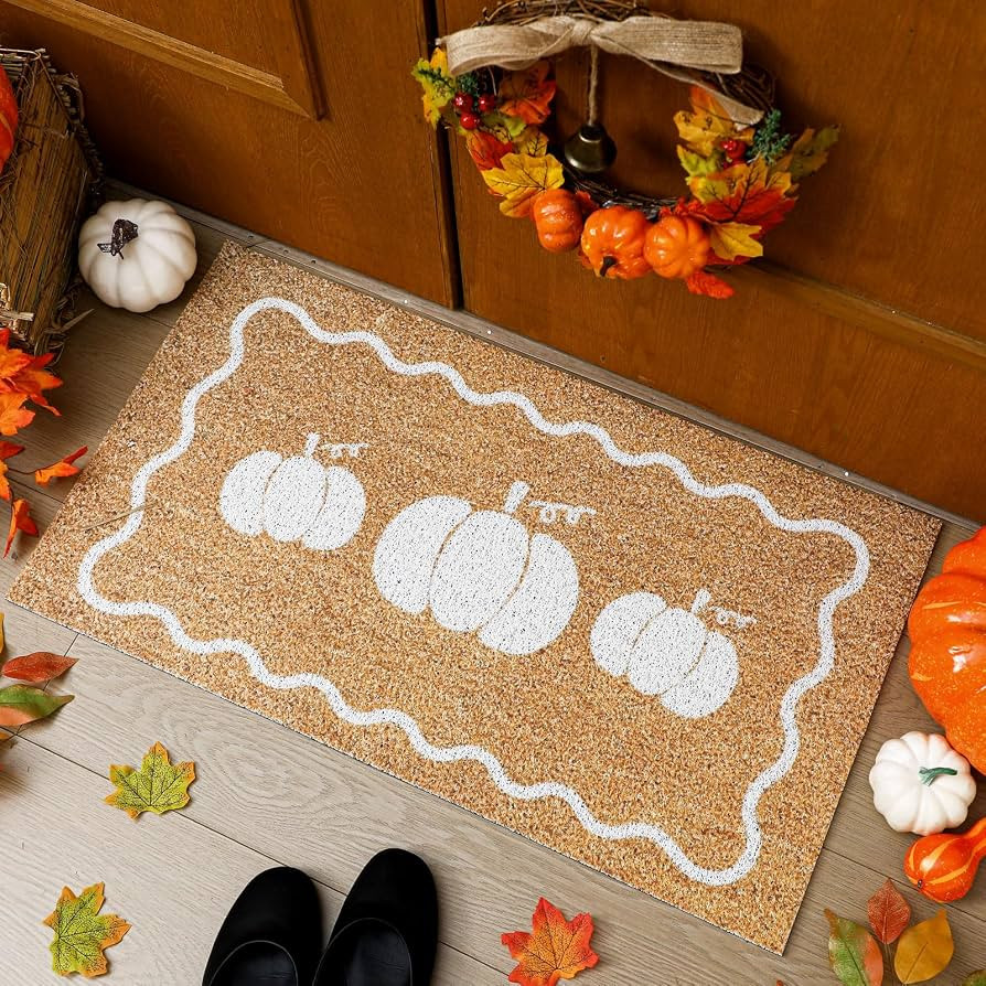 Dunzy Fall White Pumpkin Doormats Farmhouse Imitation Coir Outdoor Mat Autumn Welcome Harvest Fro... | Amazon (US)