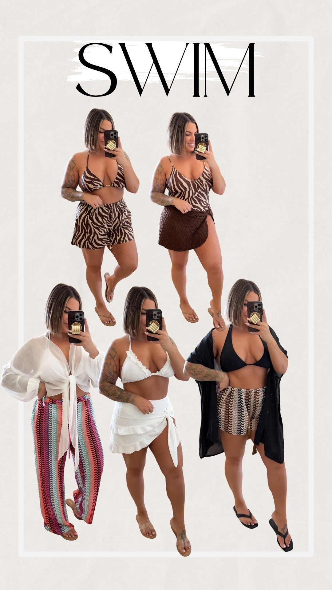 Zebra one piece L 
Zebra top xl 
Zebra shorts sized up to xl for relaxed fit 
White bikini with skirt 1x 
White bikini xl 
White tie top xl 
Pants xl 
Shorts xl 
Black cover up s/m it’s very oversized. 
Brown skirt was part of a set also xl 
Linked a few more brown cover ups as well for the zebra suits