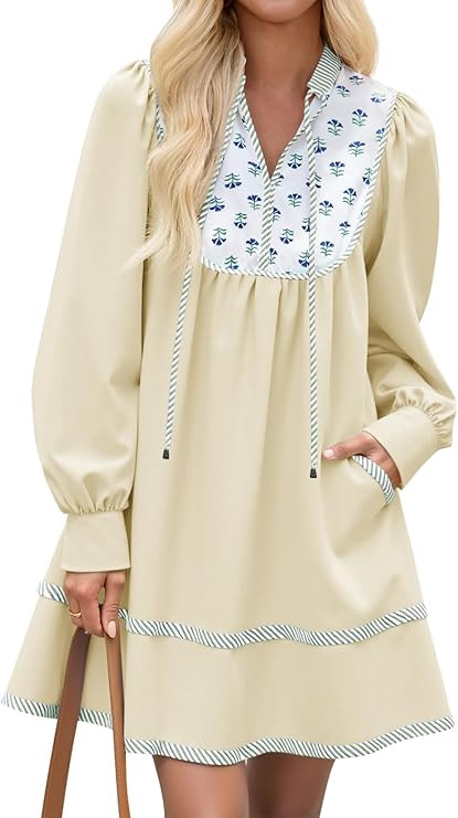 Wenrine Womens Casual Floral Mini Dress 2025 Fall Long Sleeve V Neck Patchwork Loose Boho Shirt D... | Amazon (US)