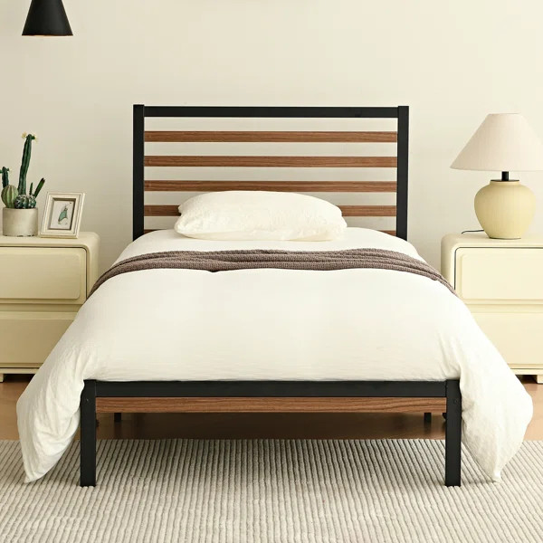 Orv Metal Platform Bed With Middle Wooden Slat Headboard | Wayfair North America