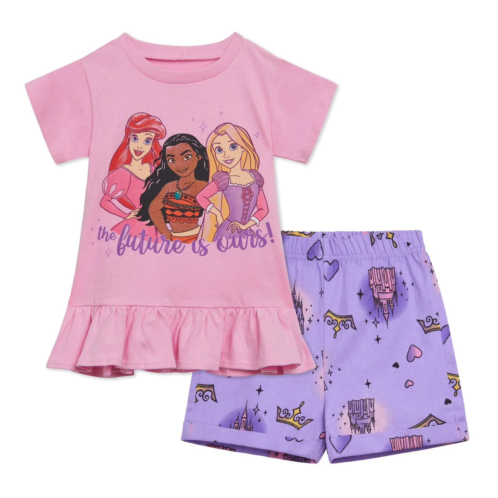 Disney Princess Moana Rapunzel Ariel Peplum T-Shirt and Twill Shorts Outfit Set Toddler to Big Ki... | Walmart (US)