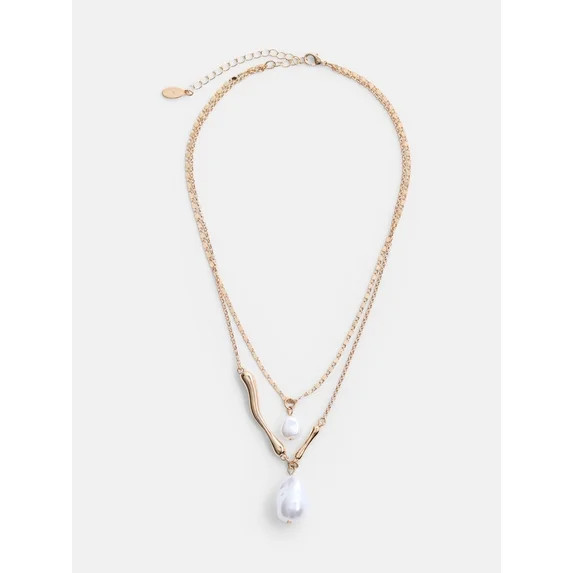 Scenario Women's Gold-Tone Necklace with Faux Pearl Pendants, 2-Piece | Walmart (US)