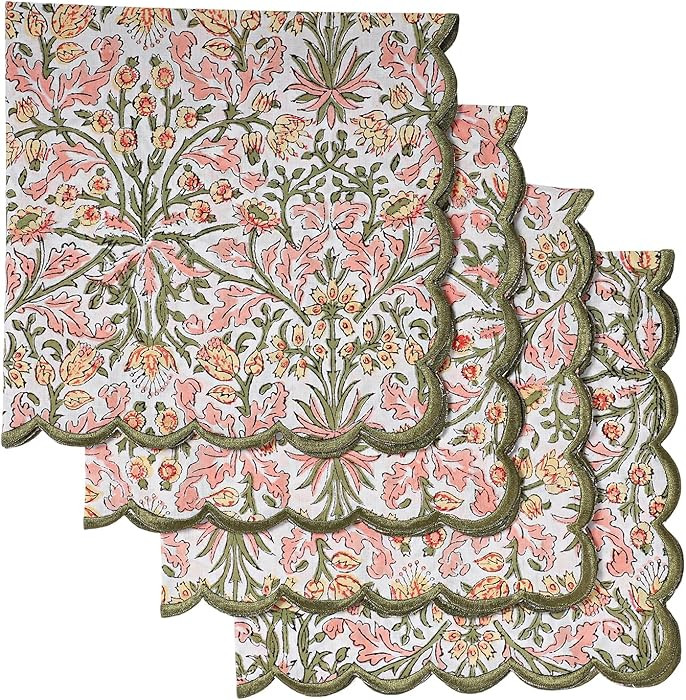 Ridhi Hand Block Print Sassy Salmon Pink 18" x 18" (Set of 4) Embroidery Table Napkins Reusable C... | Amazon (US)