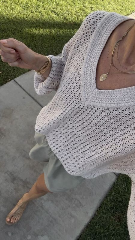 Comfortable road trip outfit home 
Shorts are a silky soft material (wearing an Xs) 
Sweater-Xs natural color 

#LTKTravel #LTKOver40
