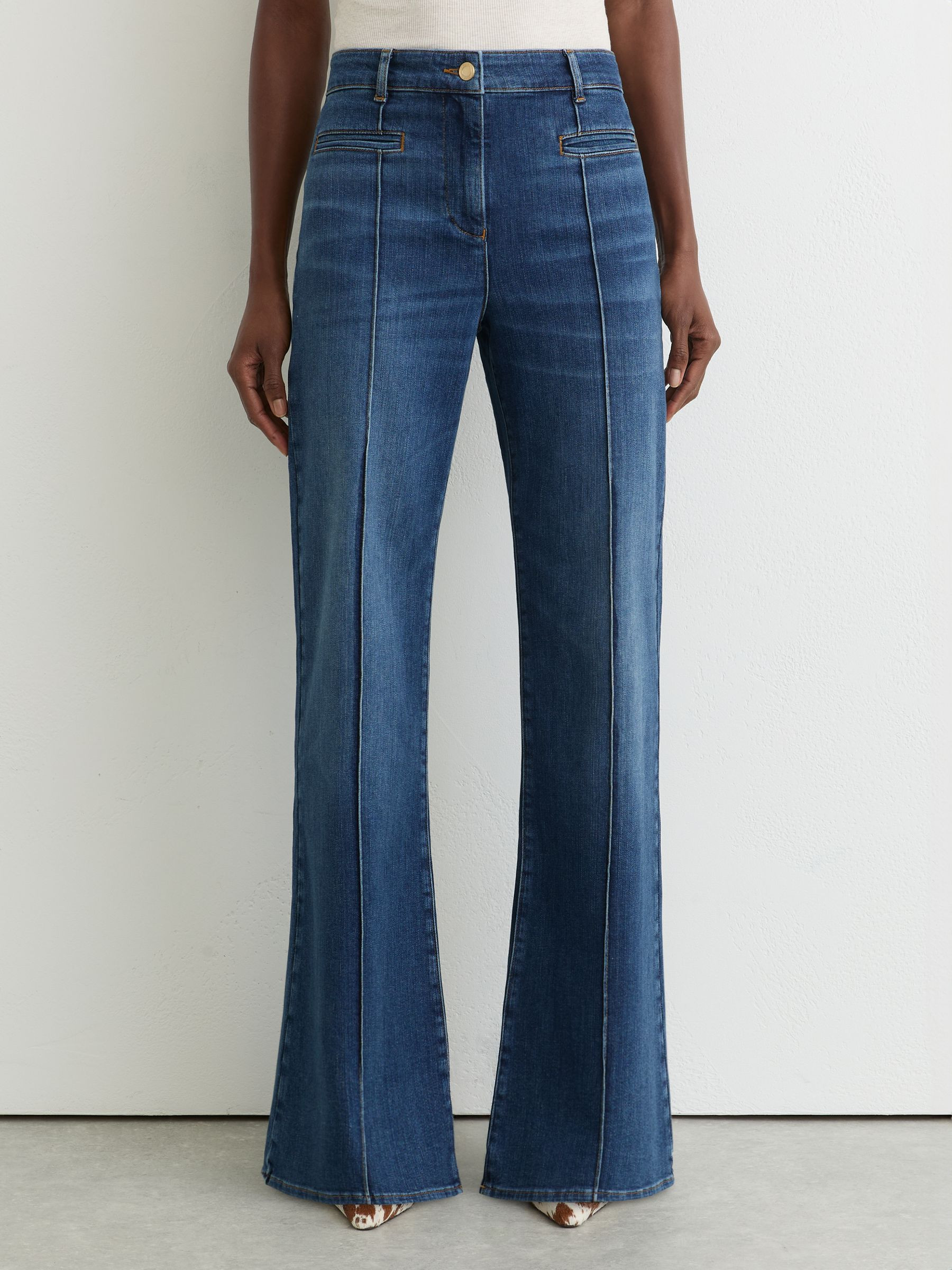 Pintuck-Detail Flared Jeans in Mid Blue | Reiss UK