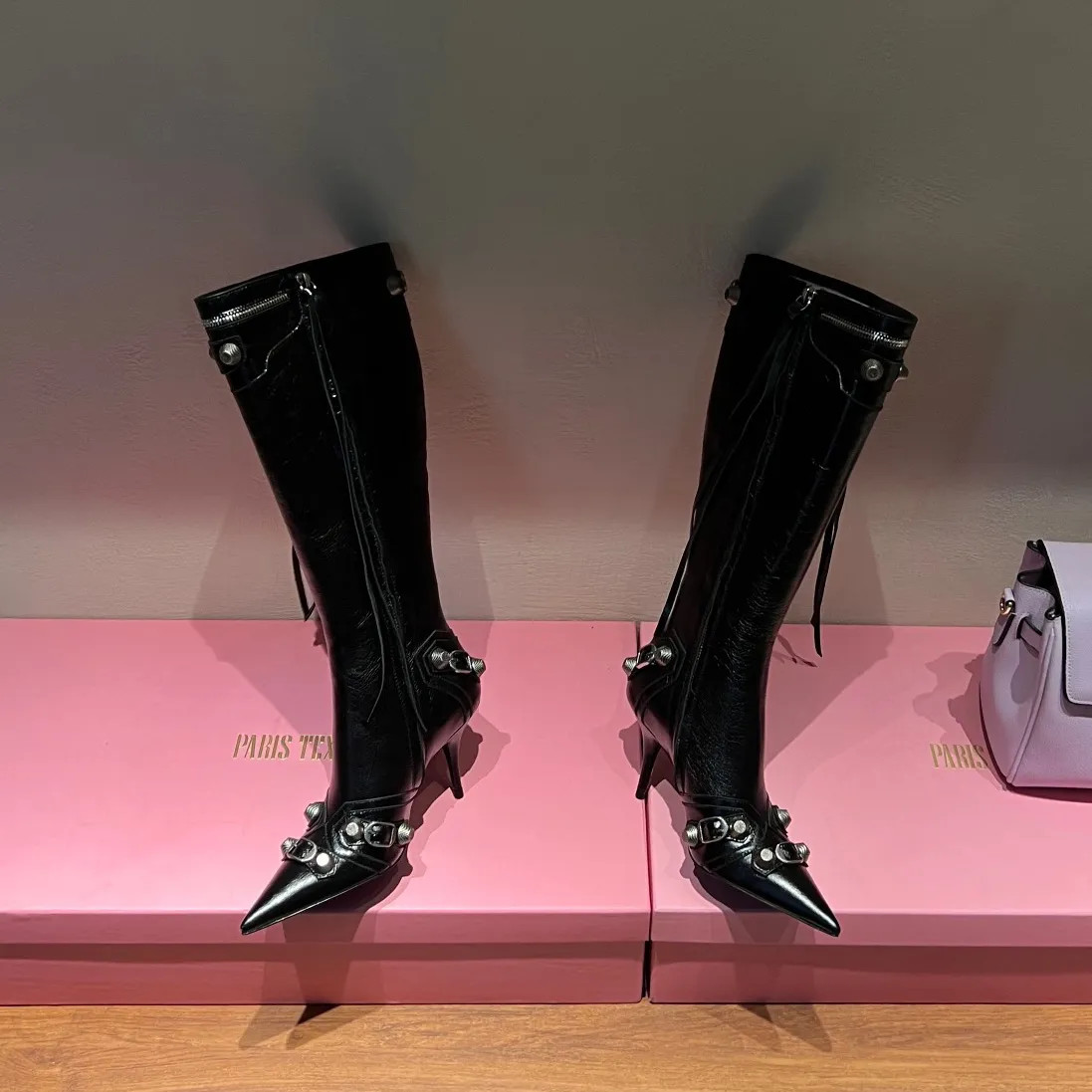Cagole Lambskin Leather Knee High Boots Stud Buckle Embellished Side Zip Shoes Pointed Toe Stilet... | DHGate