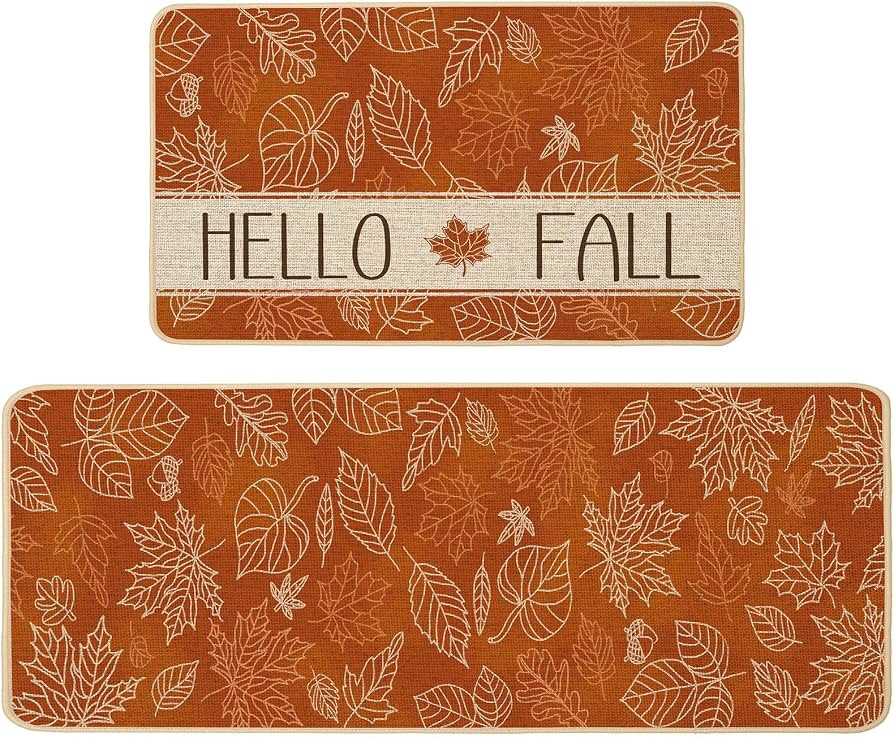 Baccessor Hello Fall Kitchen Rugs Set of 2, Maple Leaves Burnt Orange Kitchen Mats for Floor Wash... | Amazon (US)
