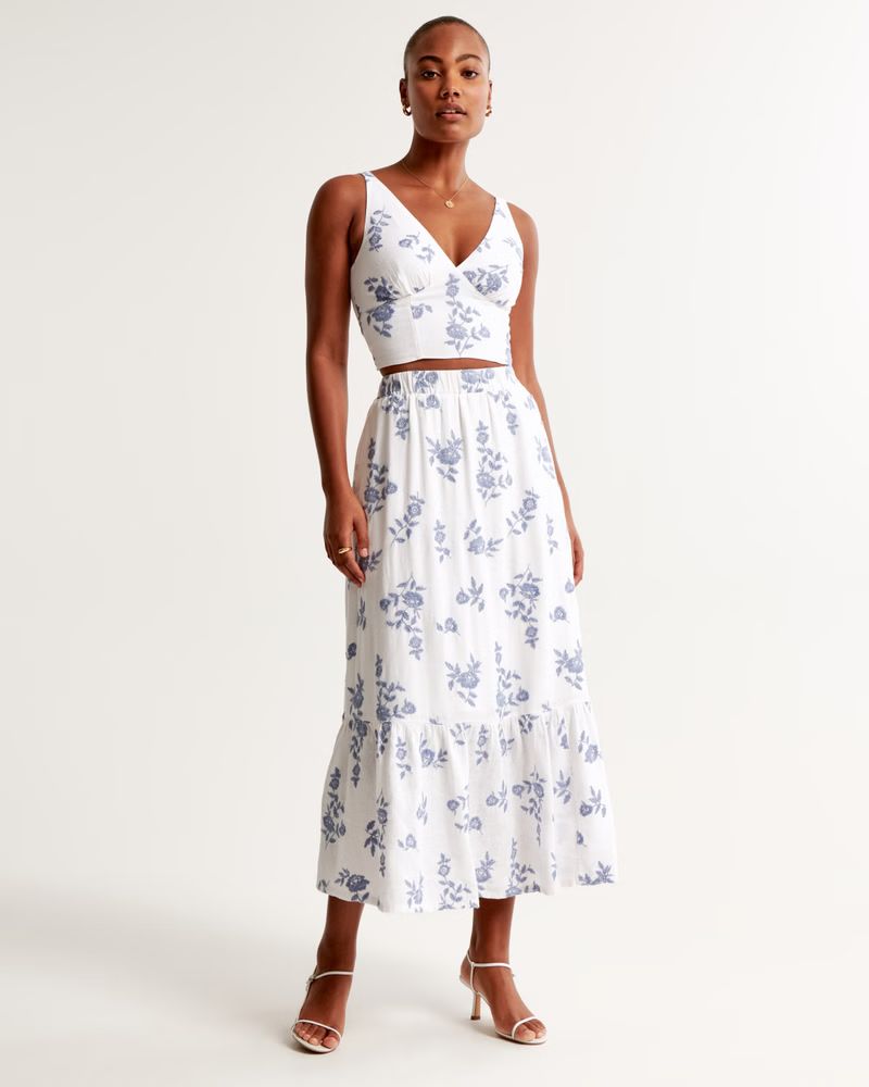 Linen-Blend Embroidered Tiered Maxi Skirt | Abercrombie & Fitch (US)