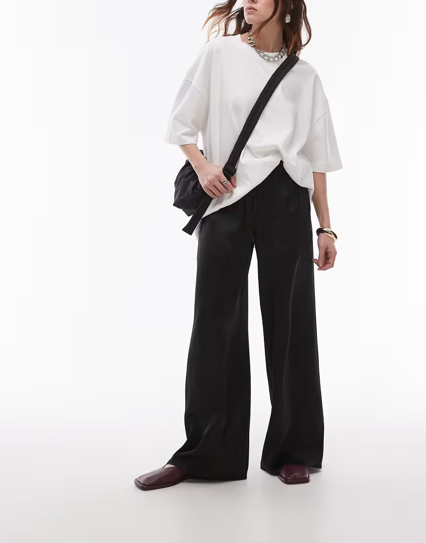 Topshop satin tie waist wide leg pants in black | ASOS (Global)