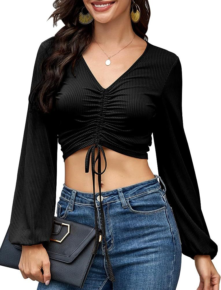 Women's Casual V Neck Tie Up Knot Long Sleeve Crop Top Shirt | Amazon (US)
