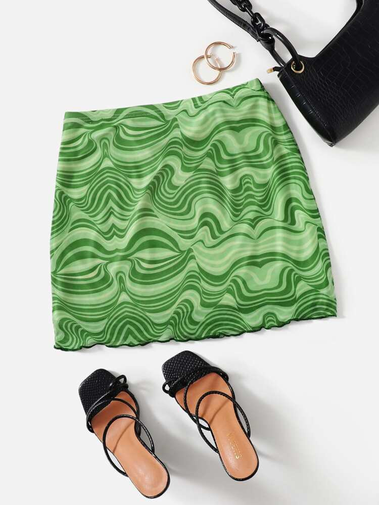 SHEIN Marble Print Lettuce Hem Bodycon Skirt | SHEIN