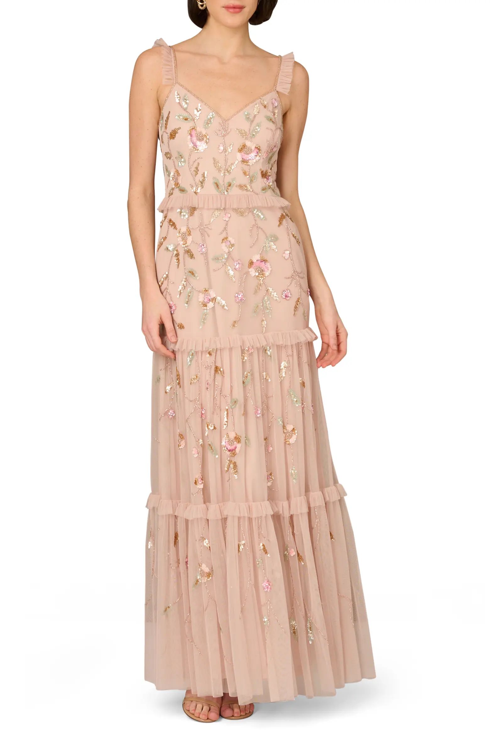 Aidan Mattox by Adrianna Papell Floral Beaded Tiered Gown | Nordstrom | Nordstrom