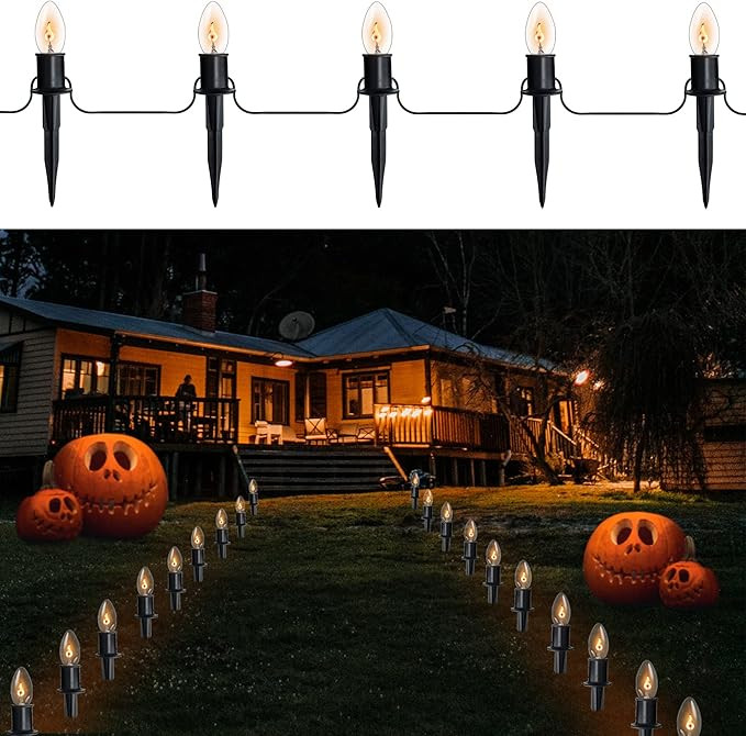 24.2ft Flame String Pathway Lights - C9 Flickering Flame String Lighting with Stakes Decor for Ou... | Amazon (US)
