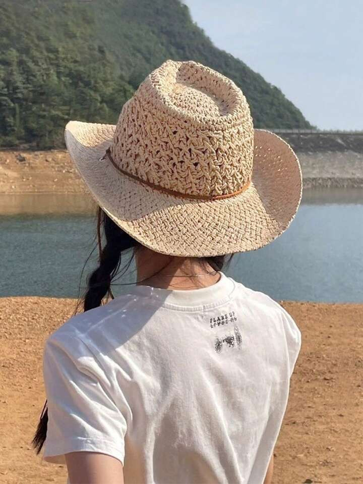Boho 1pc Ladies' Hollow Out Woven Straw Hat In Beige With Western Cowboy Style Design, Sunscreen,... | SHEIN