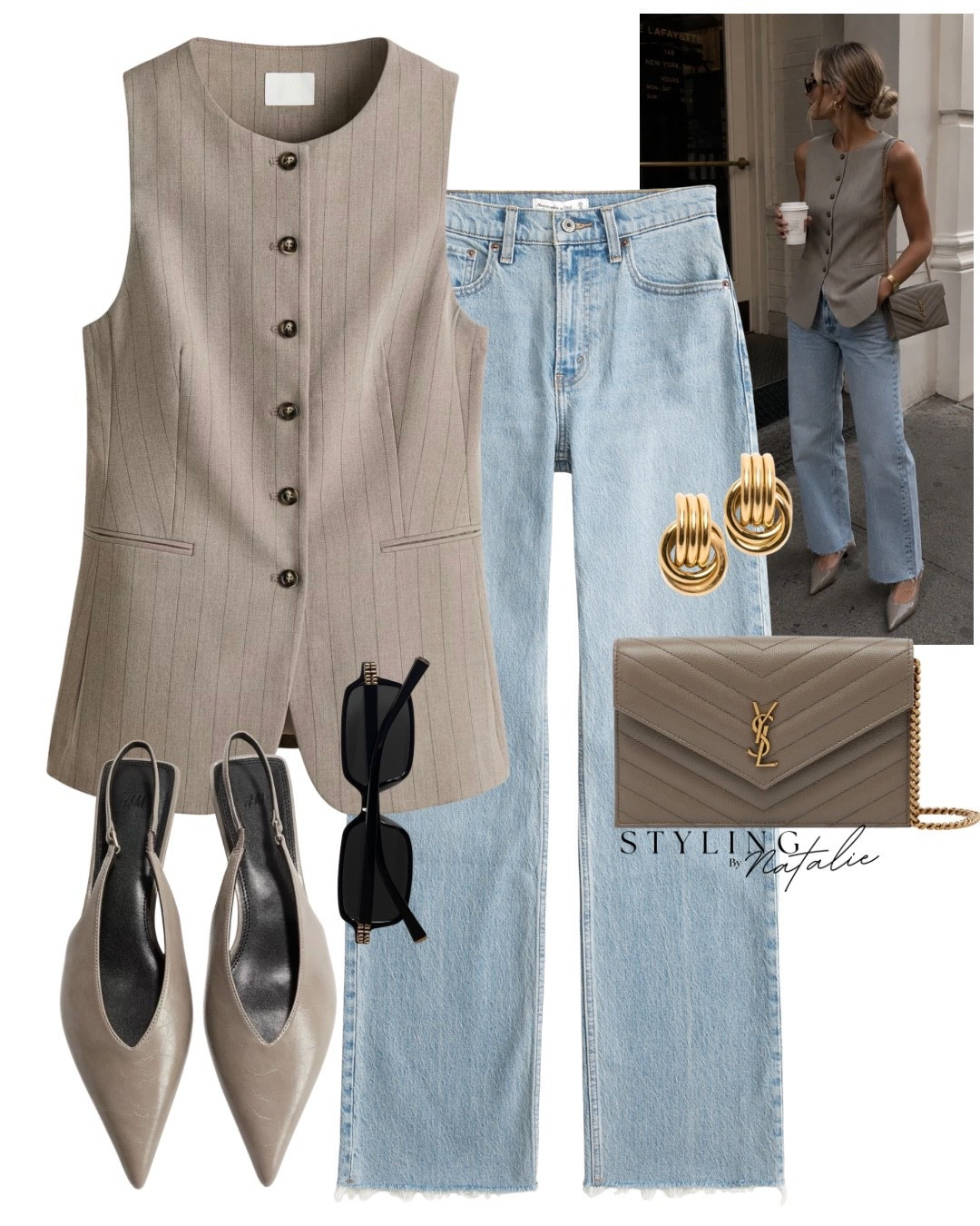 Weekend look- pinstripe long waistcoat, high waisted relaxed jeans, kitten heels and YSl crossbody bag. 
London outfit, date night, H&M, high street style, trendy, evening look.

#LTKsummer #LTKdatenight #LTKeurope