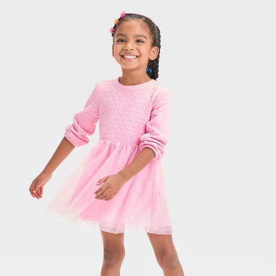 Toddler Girls' Long Sleeve Tulle Dress - Cat & Jack™ Pink 3T | Target